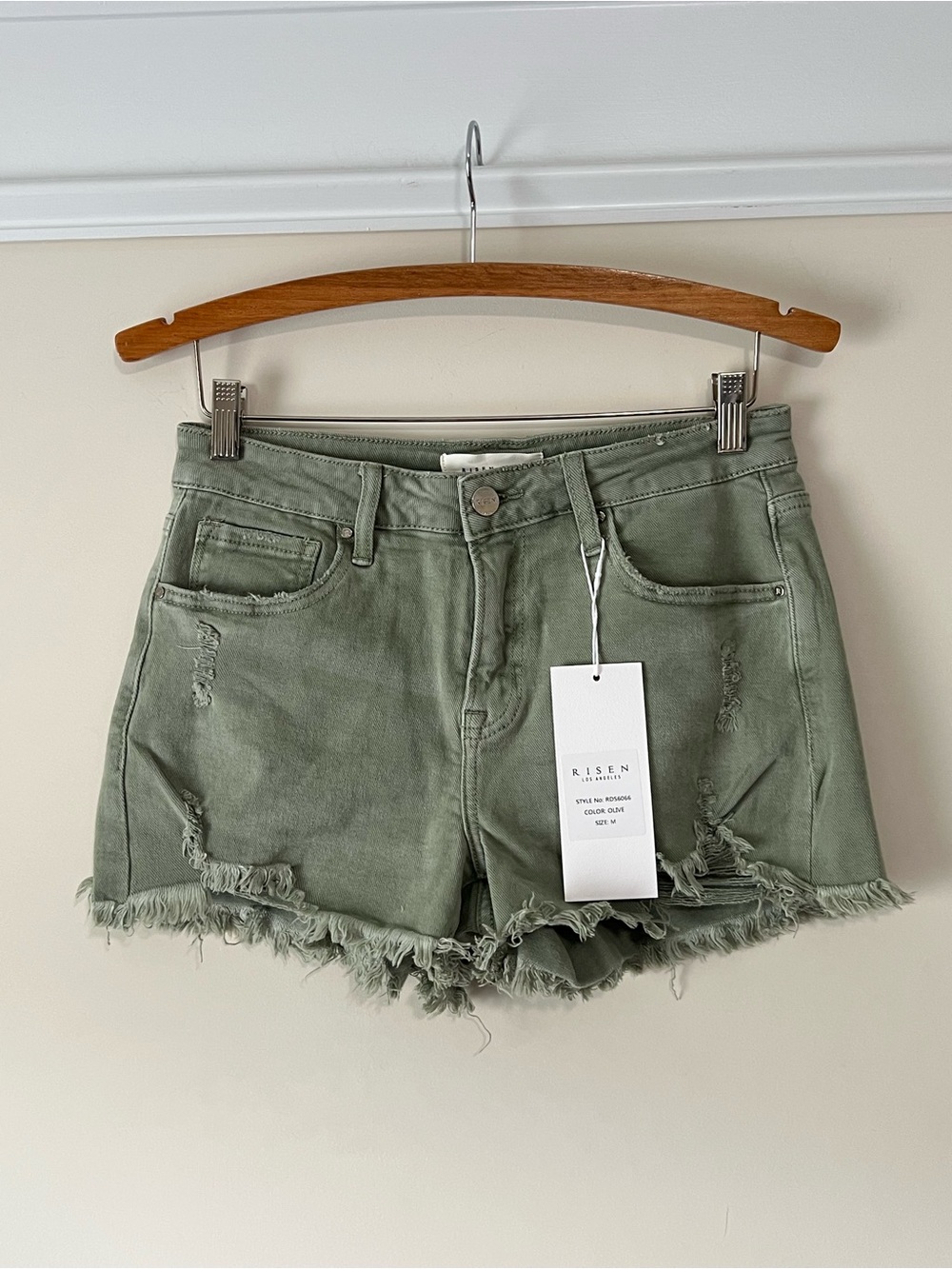 RISEN Olive Green Distressed Denim Shorts - Picture 10 of 11